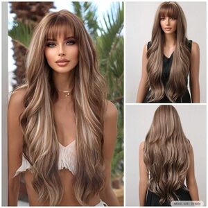 28” Long Curly Brown with Blonde Highlights Wig with Bangs 28 inch